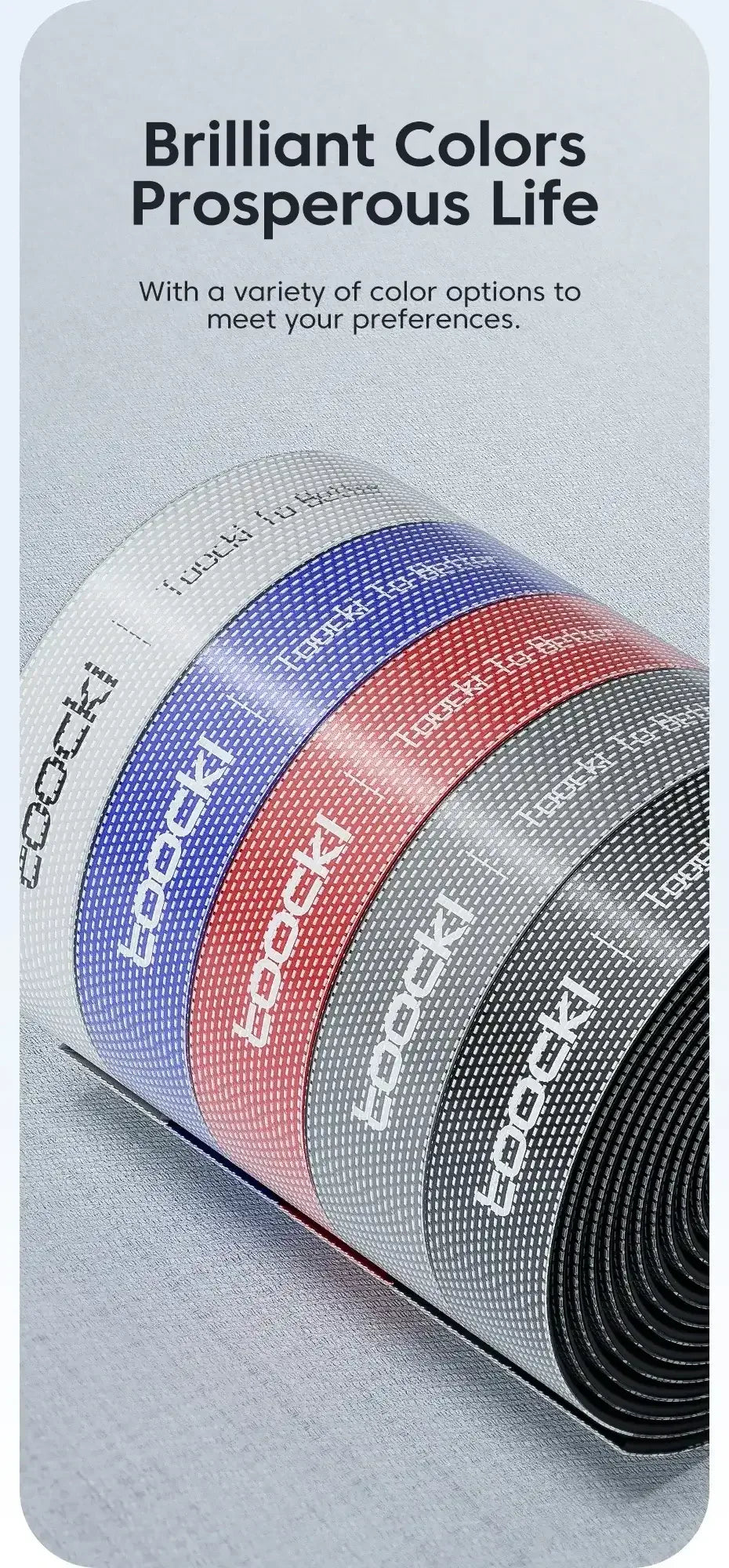Cable organizer tape roll bundle in blue red gray and black colors