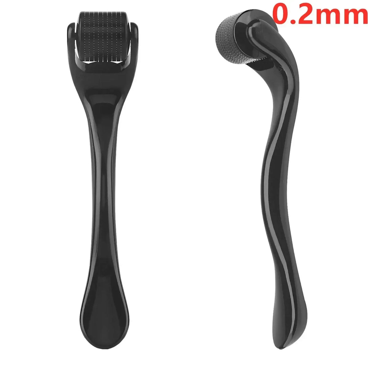 Black 0.2mm facial dermaroller with ridged head and curved handle, for skin hair grooming
