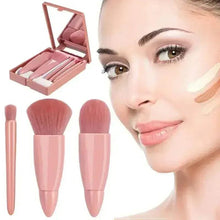 Mini makeup brush set with rose-beige handles and open compact case with mirror