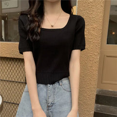 Slim Fit ort Sve Ice Silk Knitted irt Women's Faion Spring Summer Thin Sle Square Collar Princ Sve Top