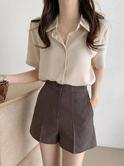 Ele Chiffon irt ort Sve Summer New Loose Collar  Ne White Top Women's Faion Commute Sle Straight Cut