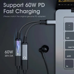 60W PD Fast Charger Cable 2 in 1 USB C Splitter Type C Headphones Jack Audio Adapter For Samsung S24 Xiaomi Huawei iPhone 15 16