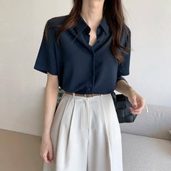 Ele Chiffon irt ort Sve Summer New Loose Collar  Ne White Top Women's Faion Commute Sle Straight Cut