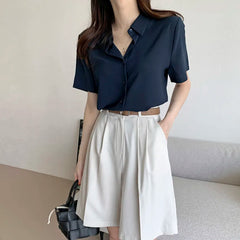 Ele Chiffon irt ort Sve Summer New Loose Collar  Ne White Top Women's Faion Commute Sle Straight Cut