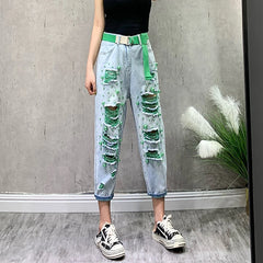High Waist Skinny Jeans Women's Thin Denim Pants Bell Bot Casual Loose Fit Nine-Tenths Length Hole Design Harlan Sle