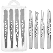 Eyebrow tweezers set in clear case, four silver tools with cutout handles