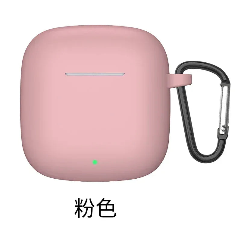 Pink silicone headphone storage case with carabiner clip strap