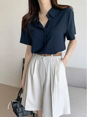 Ele Chiffon irt ort Sve Summer New Loose Collar  Ne White Top Women's Faion Commute Sle Straight Cut