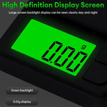Close-up of digital pocket scale green backlit display showing 0.000 g