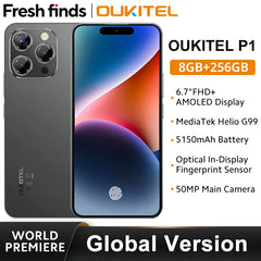 هاتف OUKITEL P1 الذكي بشاشة AMOLED مقاس 6.7 بوصة وذاكرة وصول عشوائي (8 جيجابايت) وذاكرة تخزين داخلية سعة 256 جيجابايت ونظام تشغيل MTK Helio G99 وأندرويد 14 الإصدار العالمي وكاميرا بدقة 50 ميجابكسل وبطارية 5150 مللي أمبير في الساعة وتقنية NFC