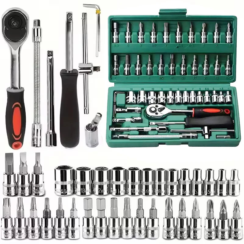 46pc Drive Socket Set 1/4 inch Ratchet Wrench Set with Sockets Metric Hex Bit Socket Set Mechanic Tool Kits for Hous Auto Repair