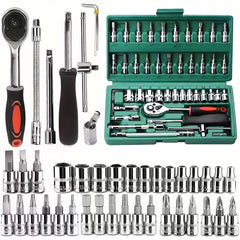 46pc Drive Socket Set 1/4 inch Ratchet Wrench Set with Sockets Metric Hex Bit Socket Set Mechanic Tool Kits for Hous Auto Repair