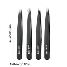 Set of four black tweezers with dimensions shown for size comparison