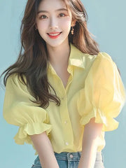 Ele Yellow Bubble Sve irt Thin Top Women's Faion Summer New Unique Beautiful High-End Feel Loose Fit  Collar