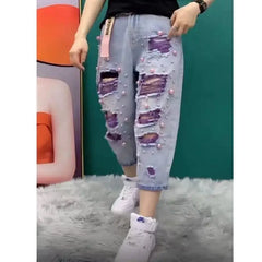 High Waist Skinny Jeans Women's Thin Denim Pants Bell Bot Casual Loose Fit Nine-Tenths Length Hole Design Harlan Sle