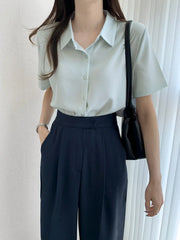 Ele Chiffon irt ort Sve Summer New Loose Collar  Ne White Top Women's Faion Commute Sle Straight Cut