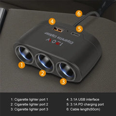 3 في 1 USB نوع C مقبس 120 واط سيارة ولاعة السجائر الفاصل 12 فولت 24 فولت شاحن سريع الهاتف محول الطاقة للسيارة DVR GPS كاميرا داشكام