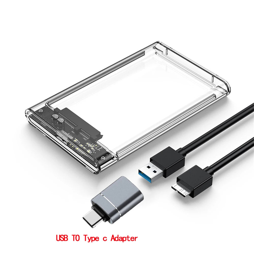 علبة محرك أقراص صلبة SATA SSD مقاس 2.5 بوصة بمنفذ USB 3.0 مع سرعة نقل 5 جيجابت في الثانية، وعلب أقراص صلبة خارجية متنقلة وكابل