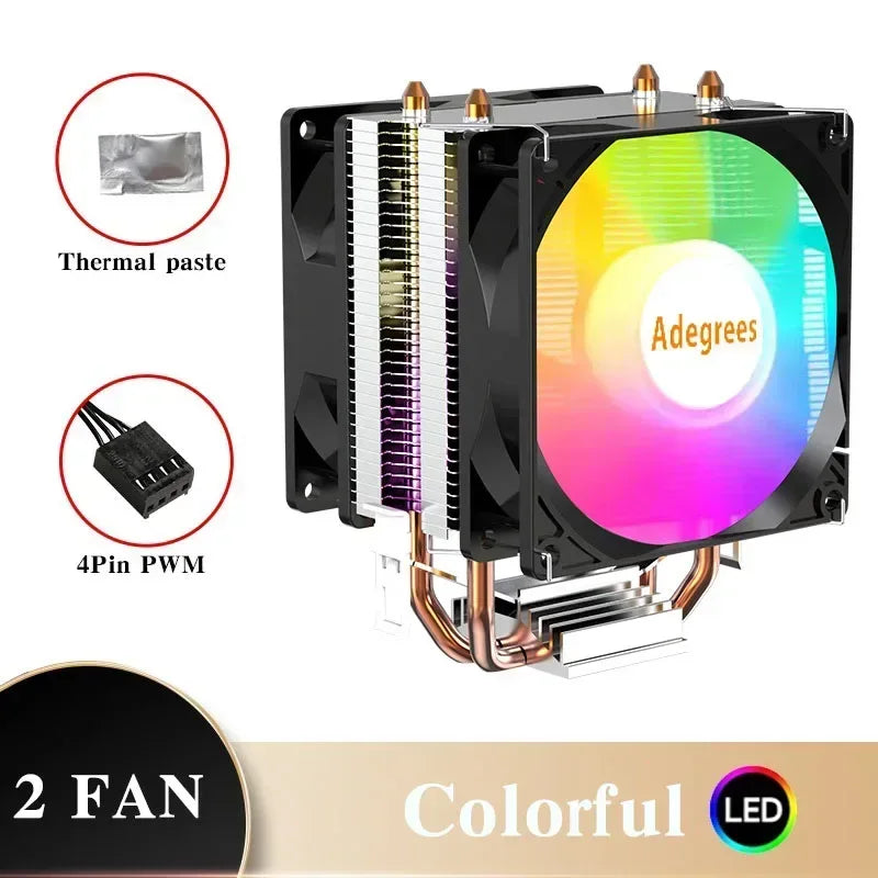 CPU air cooler with black heatsink and colorful LED 4-pin PWM fan, copper heatpipes