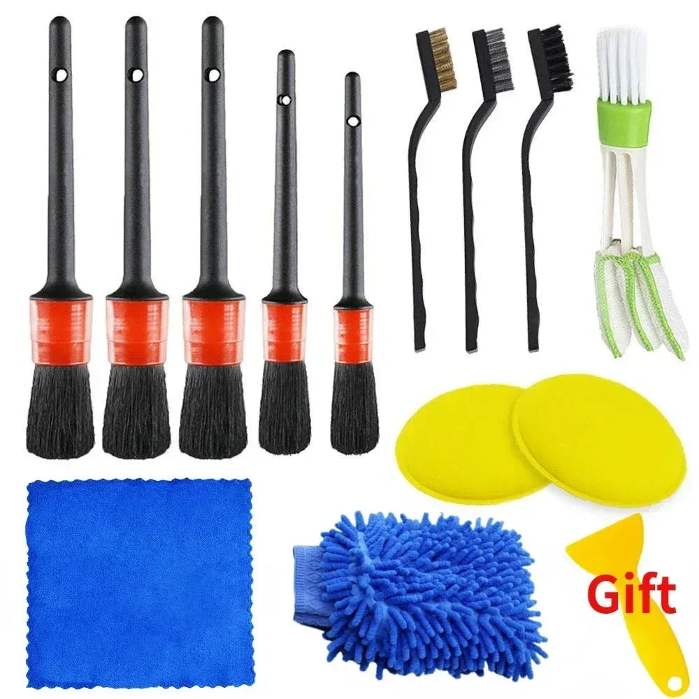 Car cleaning brush set with black handles, green bristles, sponges and pads