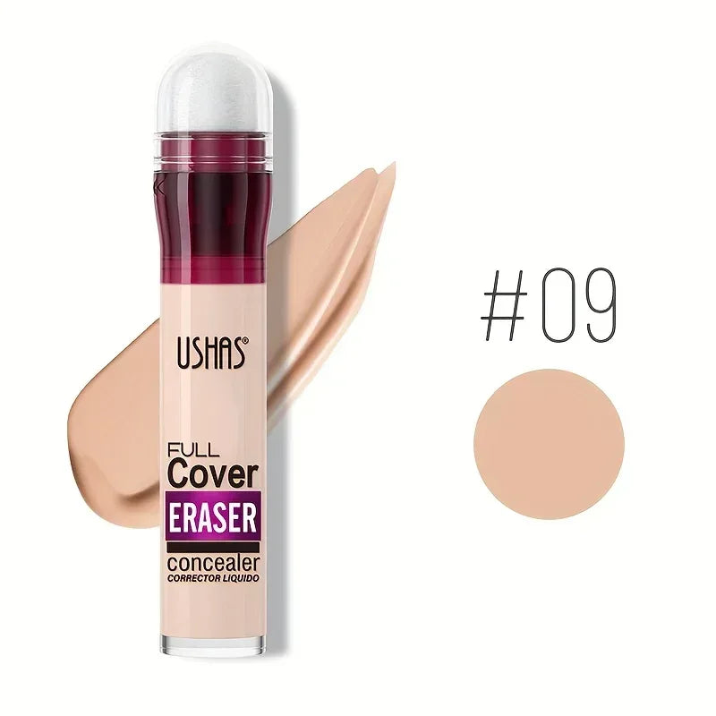 Full Cover Eraser liquid concealer shade #09 with bottle, sponge, and cream swatch.
