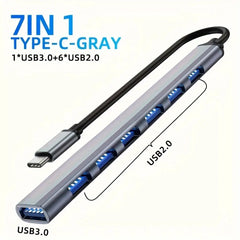 موزع USB C موزع USB 3.0، موسع USB 7 في 1 من الألومنيوم، موزع USB مع USB 3.0، 4 منافذ USB 2.0 و2 منفذ USB C موزع USB