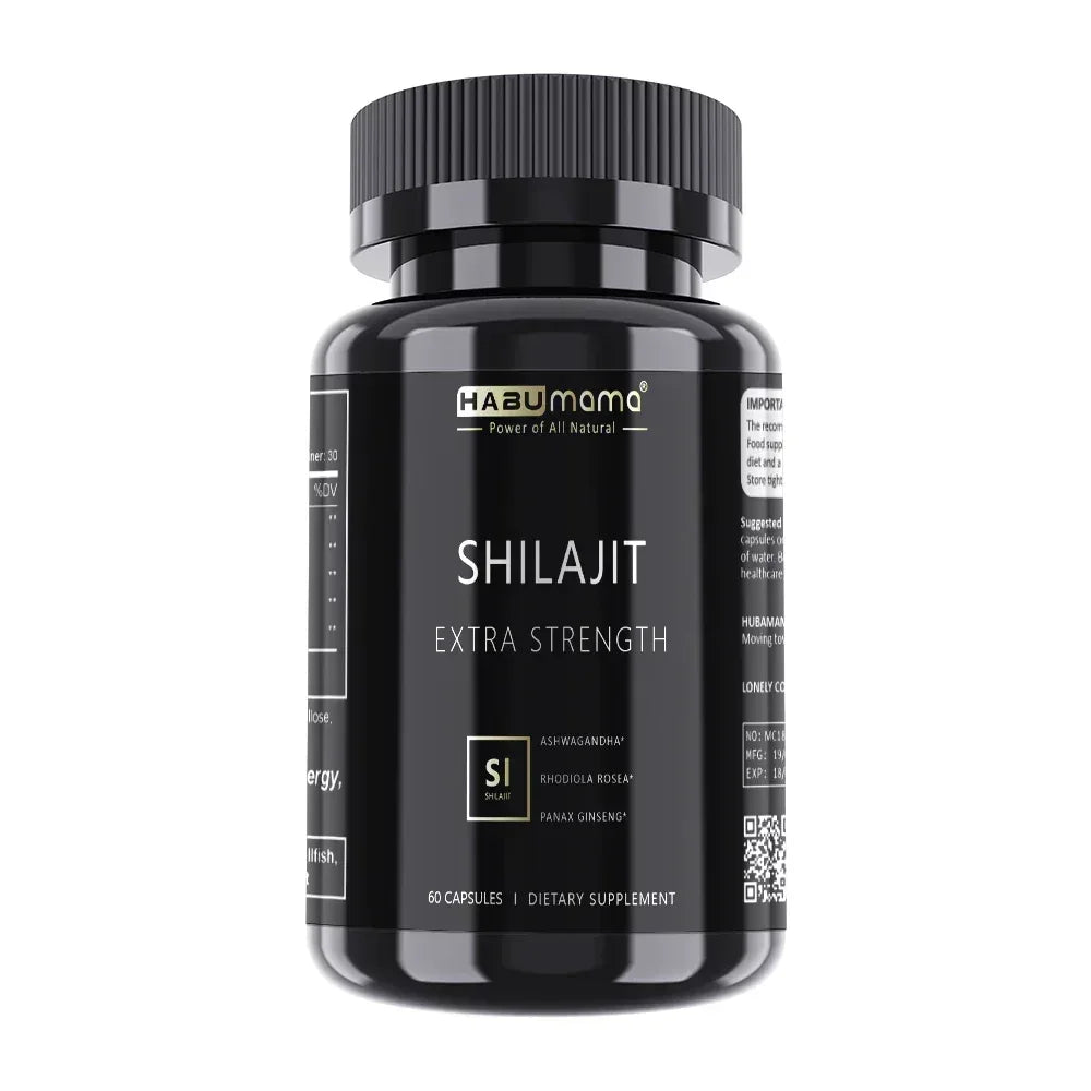 Black Shilajit extra strength supplement bottle with ribbed cap, front label visible