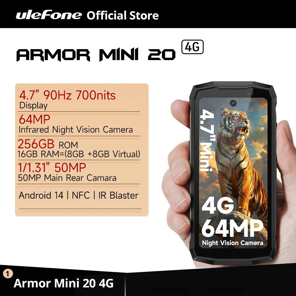 هاتف Ulefone Armor Mini 20 4G 4.7" Rugged Phone 64MP Night Camera Android 14 Smartphone 6200mAh Mobile Phone NFC 16GB+256GB 33W G99