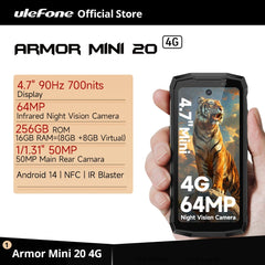 هاتف Ulefone Armor Mini 20 4G 4.7" Rugged Phone 64MP Night Camera Android 14 Smartphone 6200mAh Mobile Phone NFC 16GB+256GB 33W G99