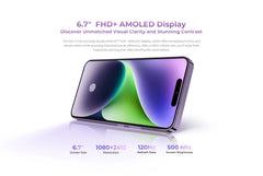 هاتف OUKITEL P1 الذكي فائق النحافة - Android 14 Helio G99 شاشة AMOLED مقاس 6.7 بوصة وتردد 120 هرتز وذاكرة وصول عشوائي (RAM) سعة 8 جيجابايت وذاكرة قراءة فقط (ROM) سعة 256 جيجابايت وكاميرا بدقة 50 ميجابكسل وبطارية 5150 مللي أمبير في الساعة وتقنية NFC