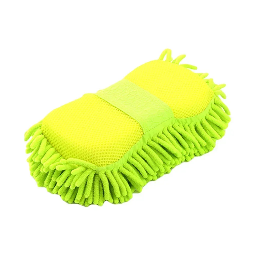 Yellow and green microfiber chenille car wash sponge with fringe loop bristles