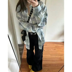 2024 New Blue Plaid irt Jaet Women's Loose Casual Meat Covering Middle Length irt Outerwear Trendy Forest System