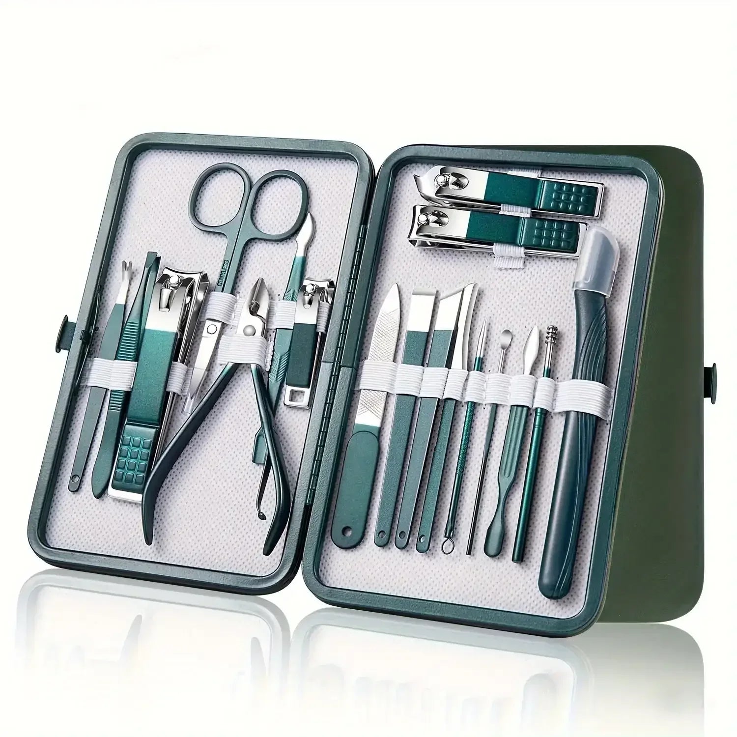 Nail care kit set with green tools in open case; clippers, scissors and files