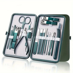 Nail care kit set with green tools in open case; clippers, scissors and files