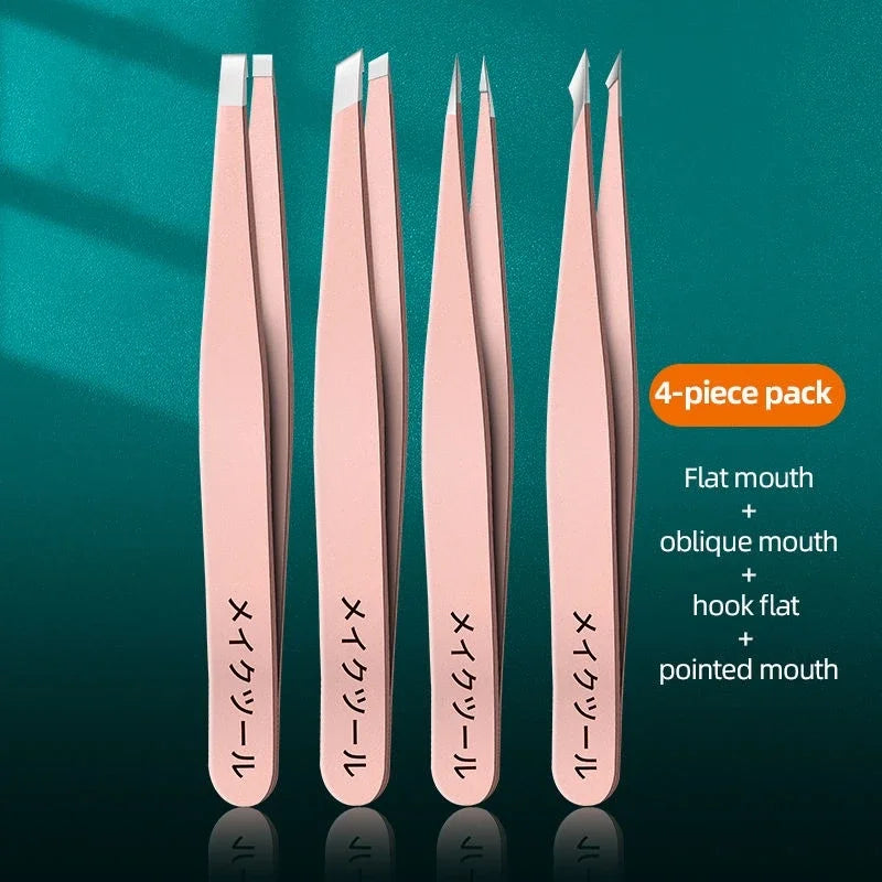 4PC Precision Stainless Steel Tweezers For Eyebrow Hair Facial Hair Removal, Splinter, Blackhead Slant Tip Angle Tip Pointed Tip