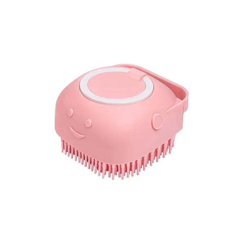 Pet bathing brush with silicone massage nodules and rubber bristles, pink