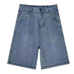 Denim Pants with Side Pockets Vintage High Waist Denim Shorts for Women Wide Leg Streetwear Jeans with Button Closure Zipper