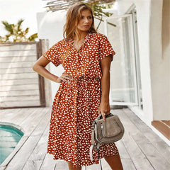 Polka Dot Short Sleeved Dress shirt Collar  Dress European and American Fashion Dress
