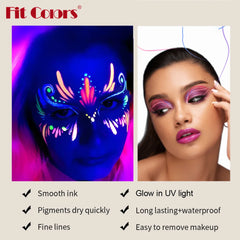 Fit Colors 12pcs/set colorful liquid UV waterproof Fluorescent Eyeliner Face Body Paint Pen long-lasting easy to remove