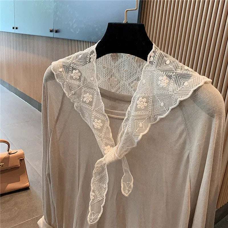 Women Shrugs Lace Hollow Out Female Summer Casual All-match Shawls Simple Scarf-collar Sleeveless Knitted Tops Korean Style Chic