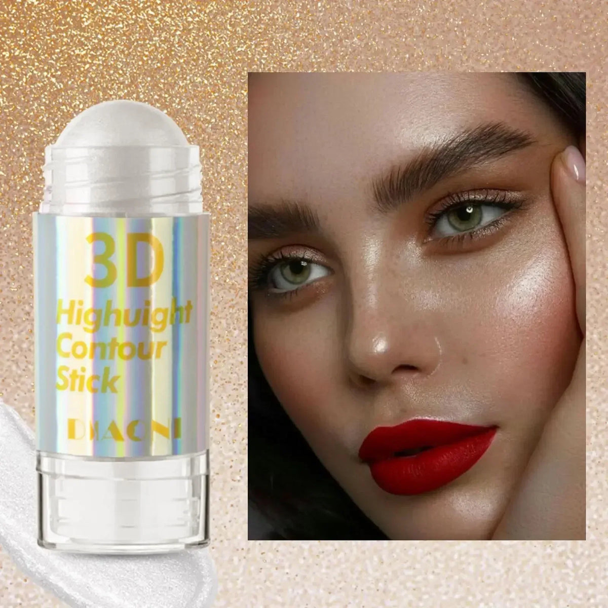 Highlighter contour stick in a clear tube with white cap; cheek shimmer on model