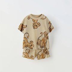 Cartoon Print Tshirt+Shorts Two Piece Set For Kids New Fashion Costume Boys And Girls Donald Duck Full Print Short Sleeve Shorts