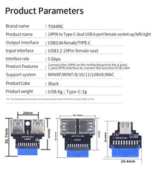 TISHRIC 19Pin To Type-C USB3.0 Converter Internal Header to USB 3.1/3.2 Type C Adapter  for PC Motherboard Connector Riser