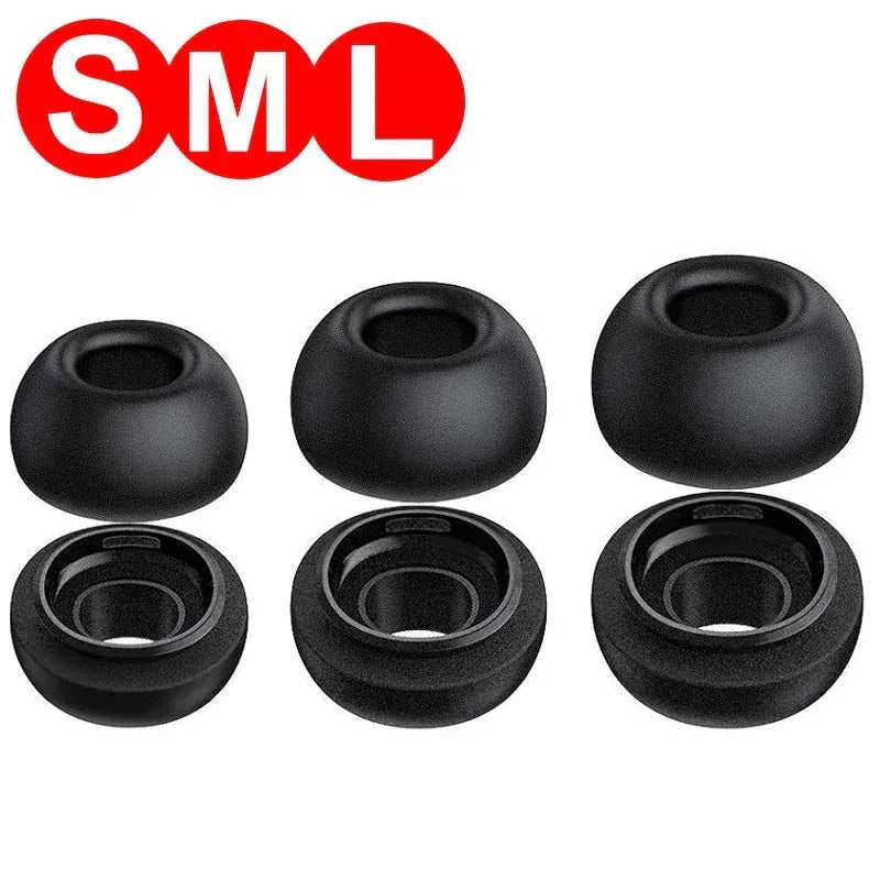 Memory foam ear tips in black, sizes S, M, and L with foam rings and openings