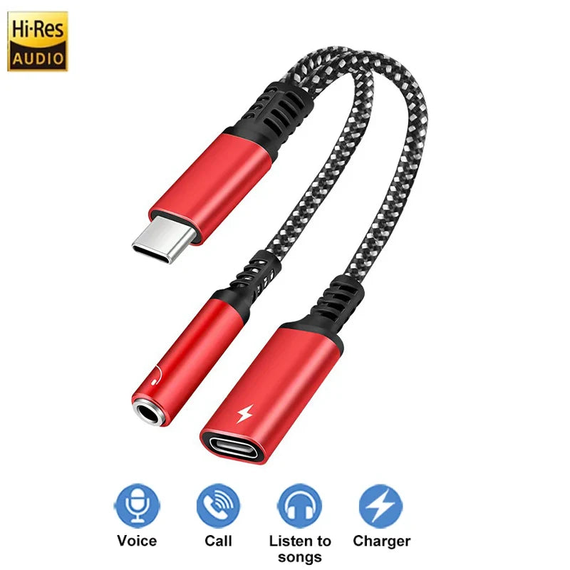 60W PD Fast Charger Cable 2 in 1 USB C Splitter Type C Headphones Jack Audio Adapter For Samsung S24 Xiaomi Huawei iPhone 15 16