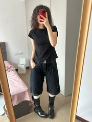 High Waist Wide Leg Denim orts Women's Summer New Casual Loose Slimming Five-Quarter Straight Cut Trendy Jeans Pants