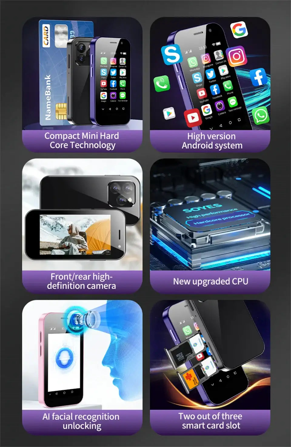 SOYES XS14 Pro 4G Mini Smartphone Android 9.0 3GB+64GB 2600mAh Face Recoginition 3.0 Inch Small Cell Phone WhatsApp Google Phone