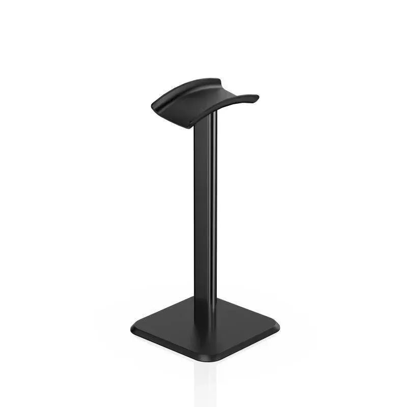 Black aluminum headphone stand with wide base and curved top support