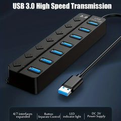 موزع USB 3.0 مزود بـ 4/7 منافذ مع مؤشر LED للتحكم في التبديل المستقل لأجهزة الكمبيوتر المحمول ومحركات الأقراص الصلبة والطابعات والكاميرا ولوحة المفاتيح