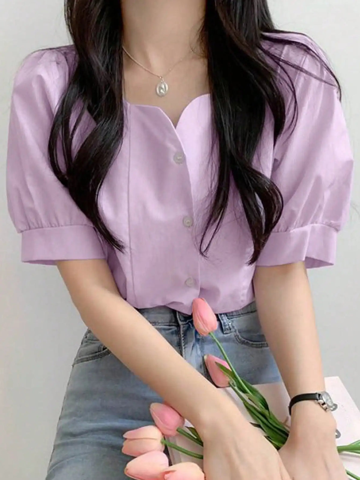 Chic Summer Soft Breeze Square Collar Open Cardigan ort Sve Loose Slimming Versatile Purple Women's irt Korean Sle
